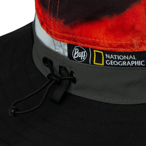 Close-up of Buff Explore Booney Hat with adjustable drawstring and National Geographic label, designed for outdoor adventures.