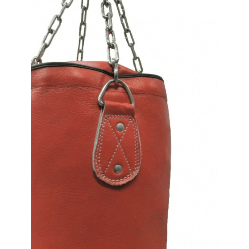 Close-up of durable red leather boxing bag with chain and sturdy attachment loop for secure hanging.