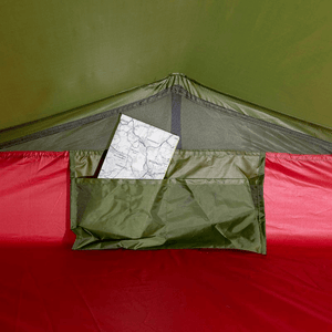 Interior pocket of High Peak Siskin 2.0 LW tent with map, showcasing storage and ventilation features for outdoor adventures.