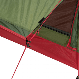 Close-up of High Peak Siskin 2.0 tent's durable and ventilated exterior with secure zippers and adjustable ties.