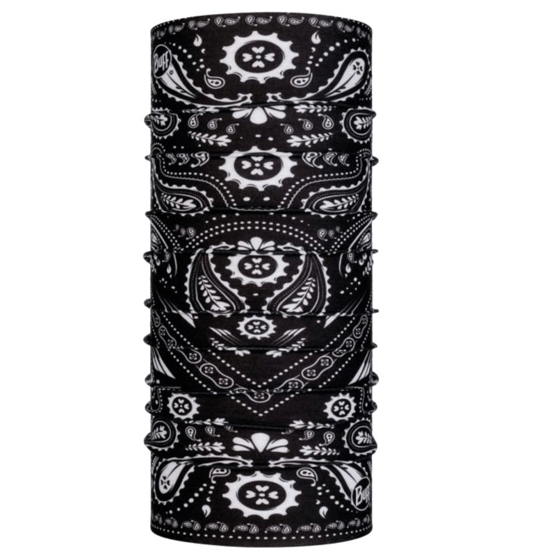 Buff Original Ecostretch Tube Scarf in black and white bandana pattern, ideal for outdoor sports and adventures.