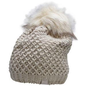 4F Women's Beige Winter Cap with Pompom - Soft & Warm Acrylic Wool Blend | Stylish & Cozy Headwear