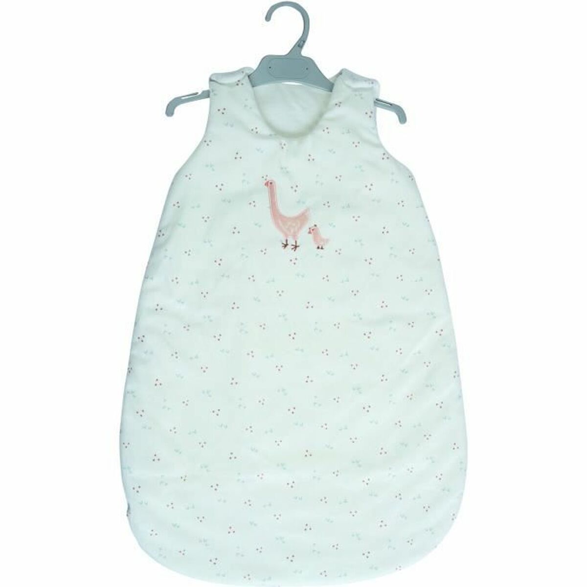 White baby sleeping bag with pink ostrich design, ideal for comfortable sleep for toddlers.