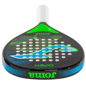 Joma Open Padel Racquet 400814-116 featuring durable fiberglass design, ideal for outdoor sport and beginner padel players.