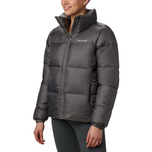 Columbia Puffect Women's Winter Jacket - Gray Quilted Insulated Coat with High Collar and Zipper Closure