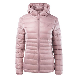 Elegante chaqueta con capucha Iguana Marcha para mujer - Cálido relleno de plumón de pato, rosa, bolsillos con cremallera | Ropa de invierno funcional y moderna