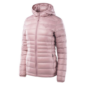 Elegante chaqueta con capucha Iguana Marcha para mujer - Cálido relleno de plumón de pato, rosa, bolsillos con cremallera | Ropa de invierno funcional y moderna