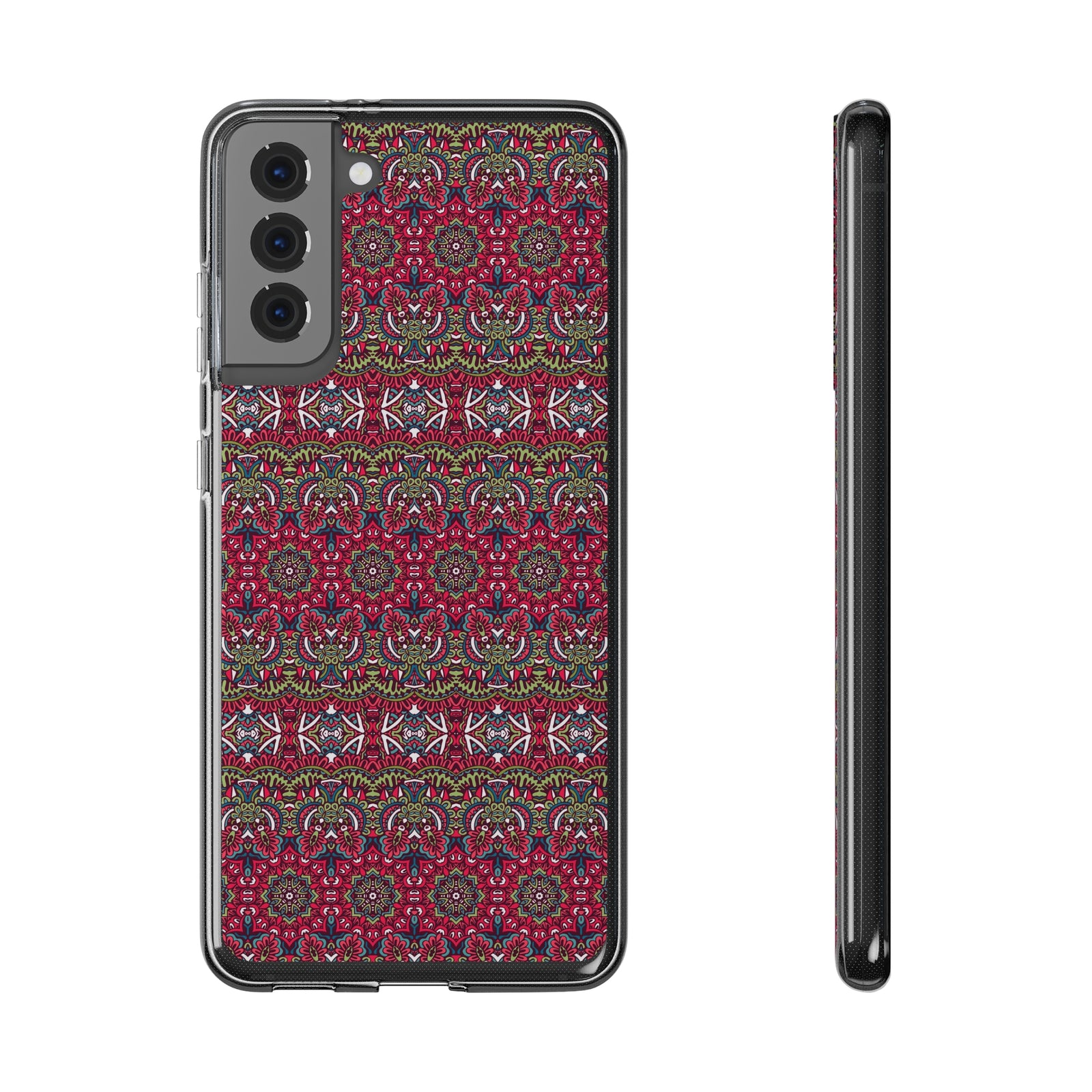 Red Mandala phone case design featuring intricate patterns, ideal for outdoor adventures and custom personalization.