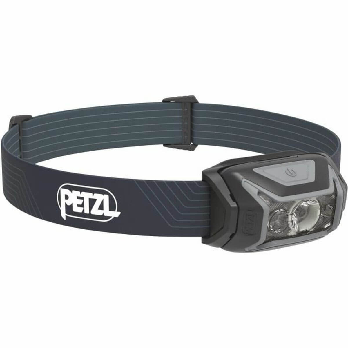 Petzl LED Head Torch in grey, ideal for outdoor adventures and camping activities, featuring a synthetic strap and rechargeable battery.