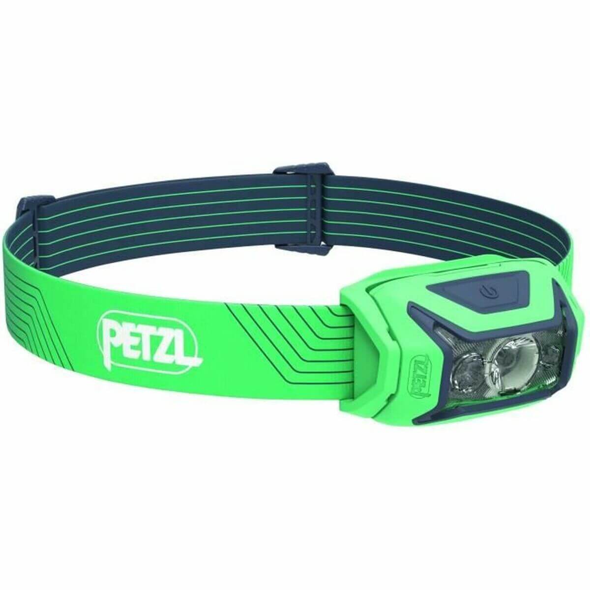 Petzl LED head torch in vibrant green, perfect for outdoor adventures and camping, featuring rechargeable battery.