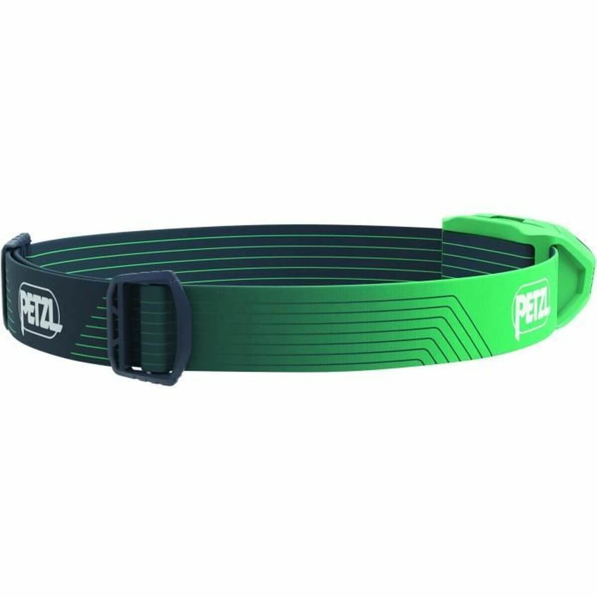 Petzl LED head torch in vibrant green, perfect for outdoor adventures and camping, featuring rechargeable battery.