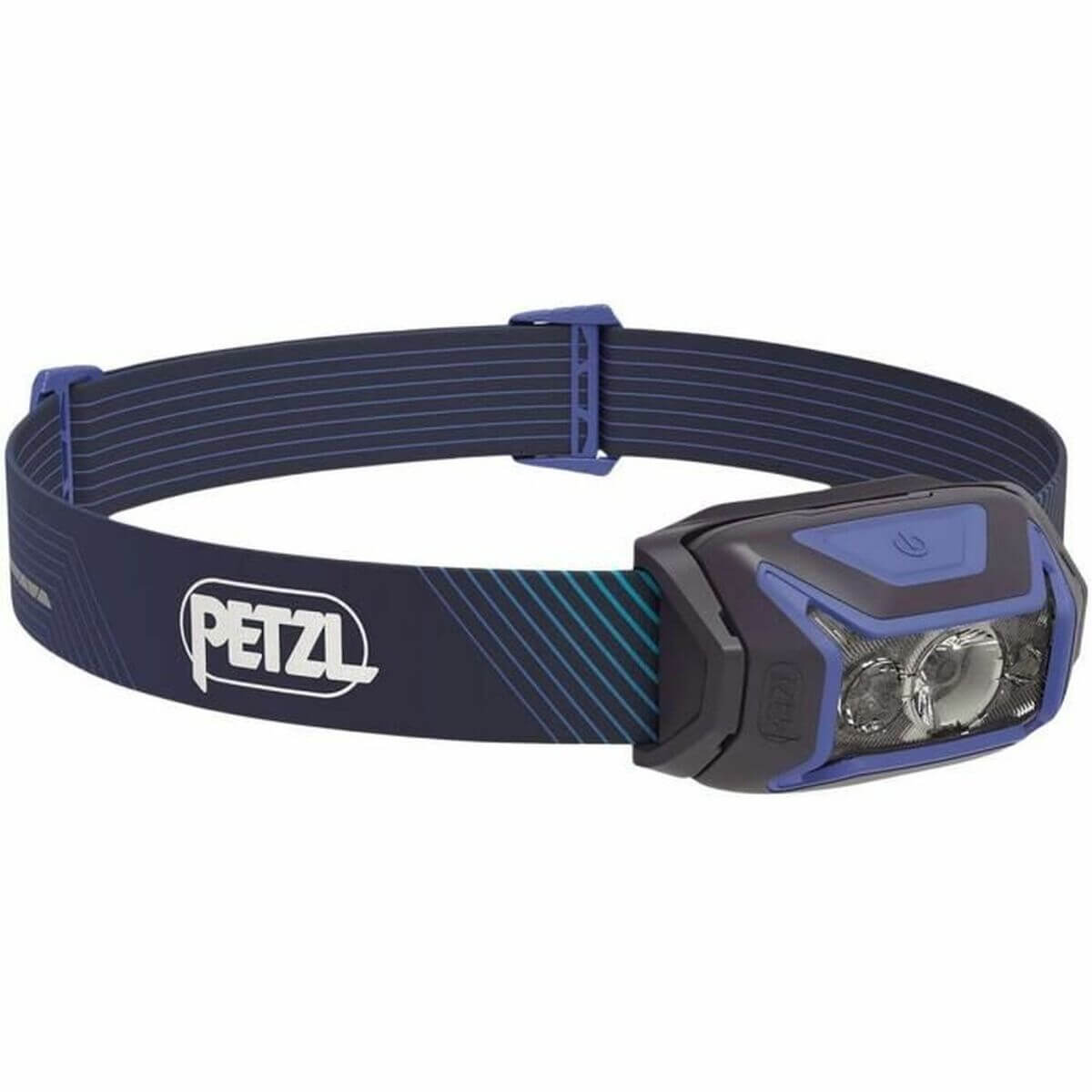 Petzl E065AA01 LED Head Torch in blue, ideal for outdoor camping and adventure activities.