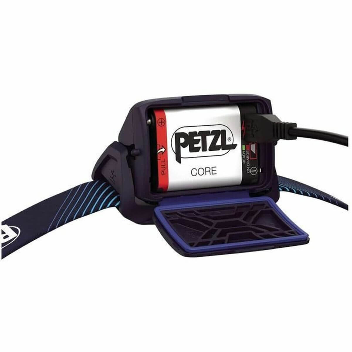 Petzl E065AA01 LED Head Torch in blue, ideal for outdoor camping and adventure activities.