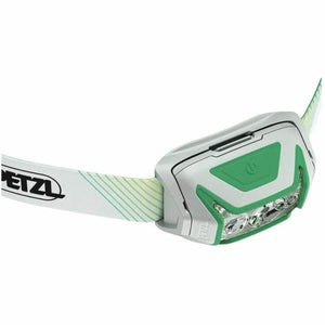 LED Head Torch Petzl E065AA02 in white and green, ideal for outdoor camping and adventure activities.