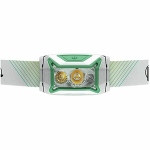 LED Head Torch Petzl E065AA02 in white and green, ideal for outdoor adventures and camping, available at revlando.com.