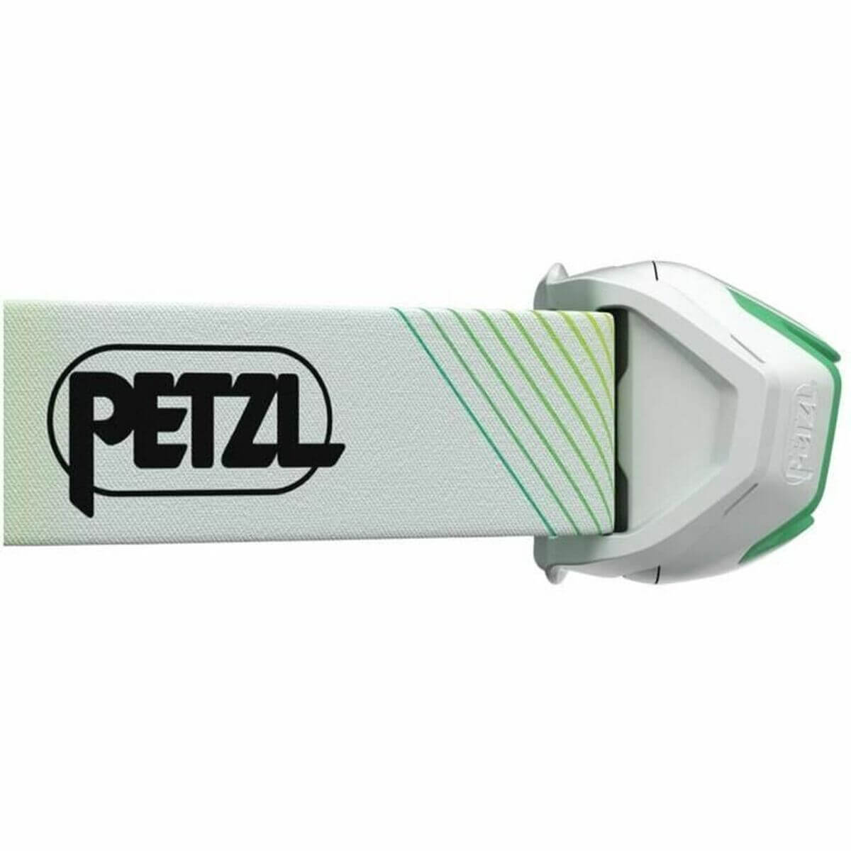 Petzl LED head torch strap in white and green, ideal for outdoor adventures and camping.