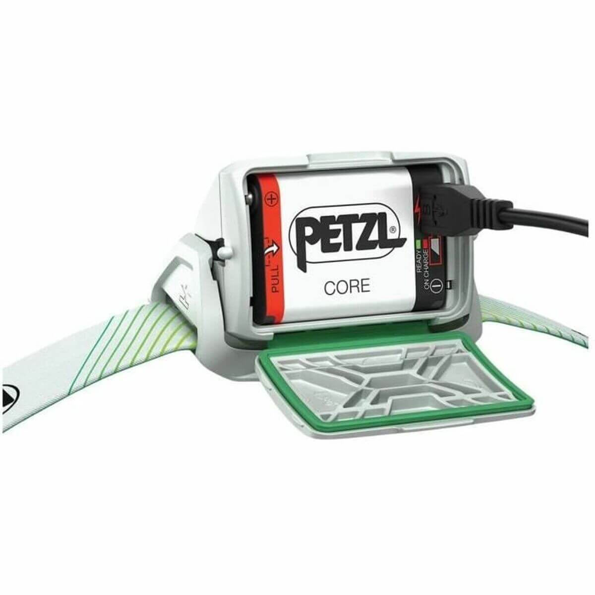 Petzl E065AA02 LED head torch showing rechargeable battery with cable for outdoor adventure and camping use.