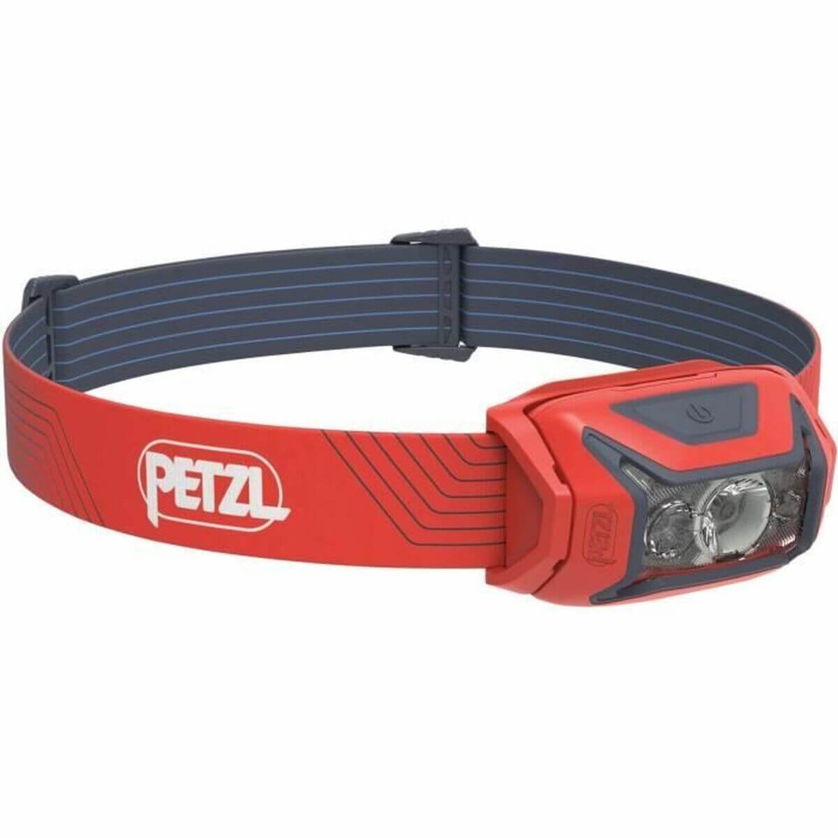 Petzl LED head torch in red, perfect for outdoor adventures and camping, featuring a rechargeable battery and water-resistant design.