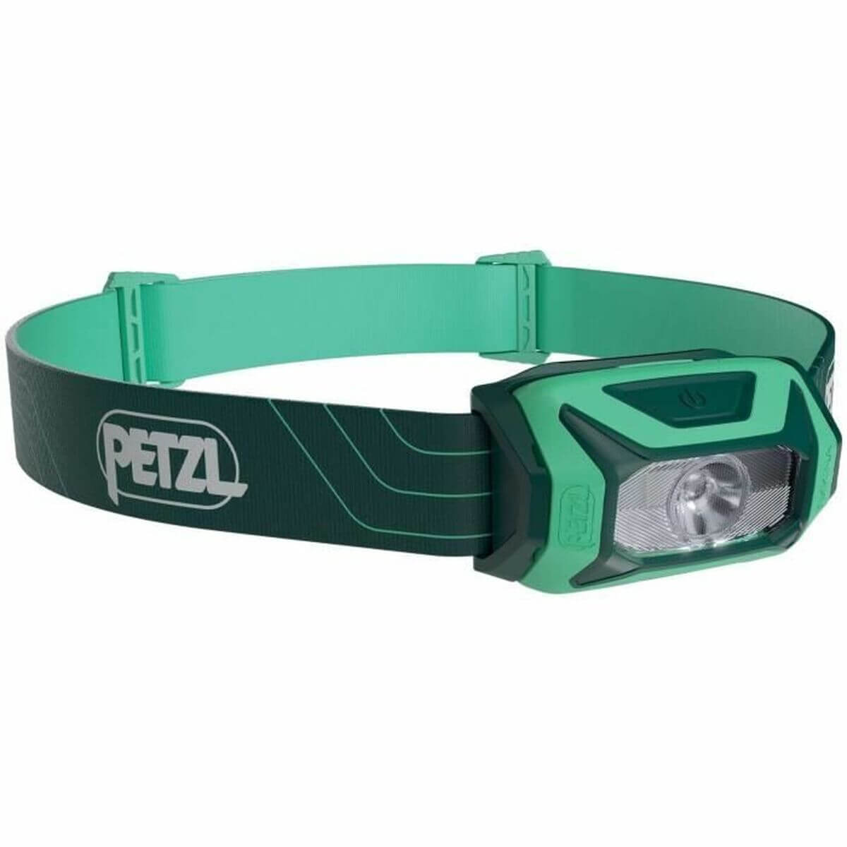 Petzl LED Head Torch in green color, ideal for outdoor camping and adventures, featuring a rechargeable battery.