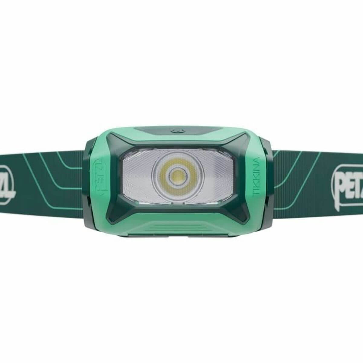 Petzl E060AA02 green LED head torch for outdoor camping and adventure, featuring rechargeable battery technology.