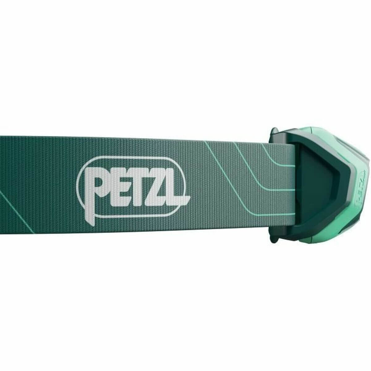 Petzl LED head torch strap in green, designed for outdoor adventures and camping, featuring a durable synthetic material.