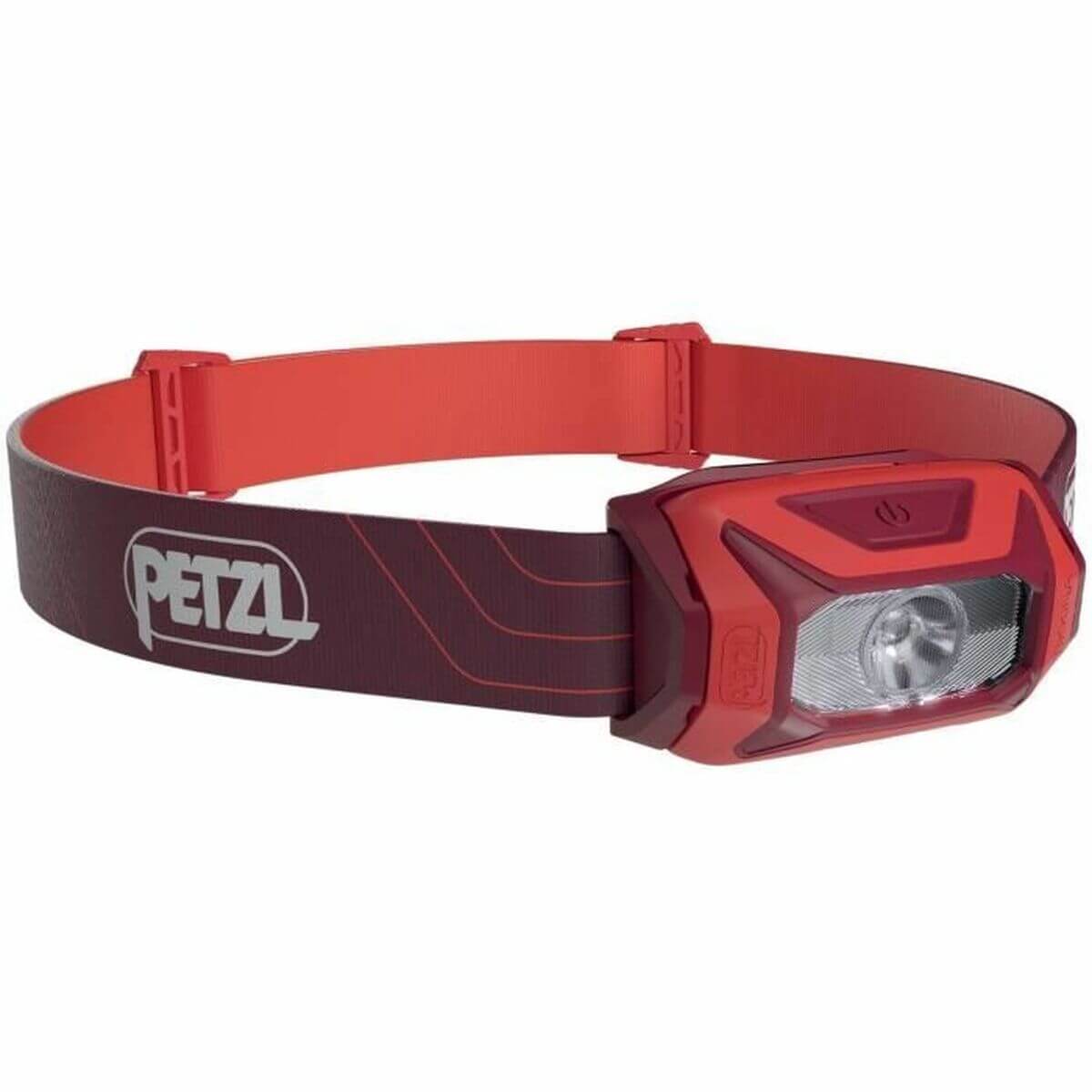 Petzl E060AA03 LED head torch in red, designed for outdoor adventures and camping.