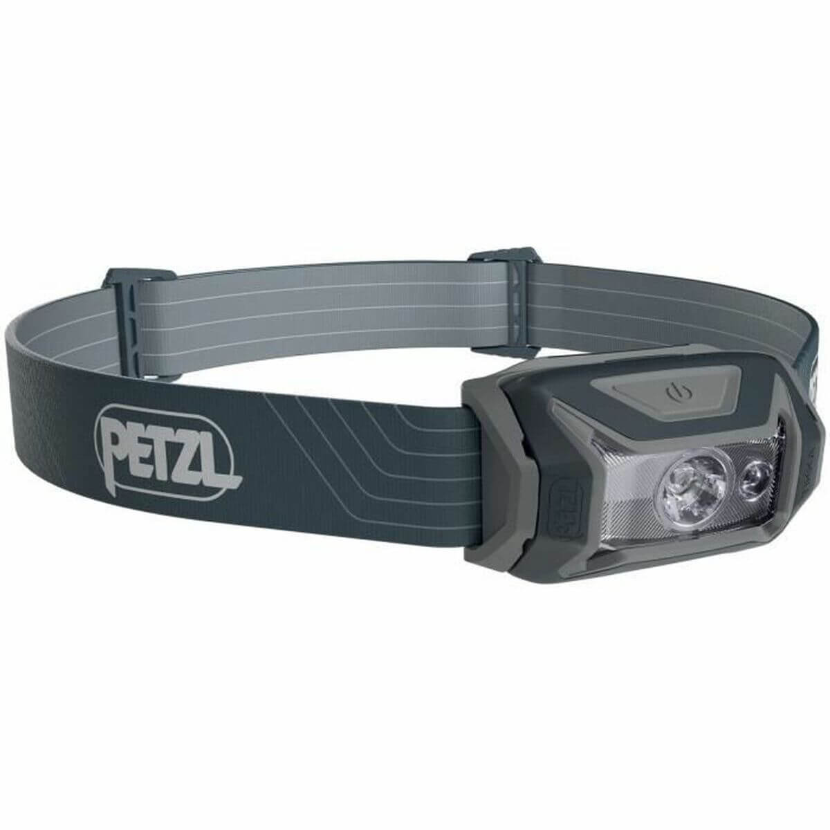 Petzl LED head torch in grey, ideal for outdoor camping and adventures, featuring rechargeable battery and button control.