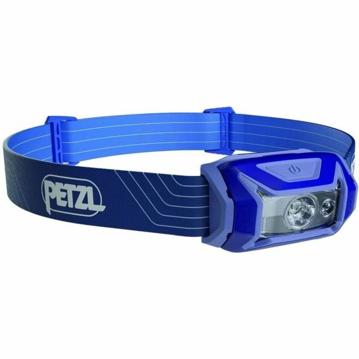 Petzl E061AA01 blue LED head torch with adjustable strap for outdoor camping and adventure activities.
