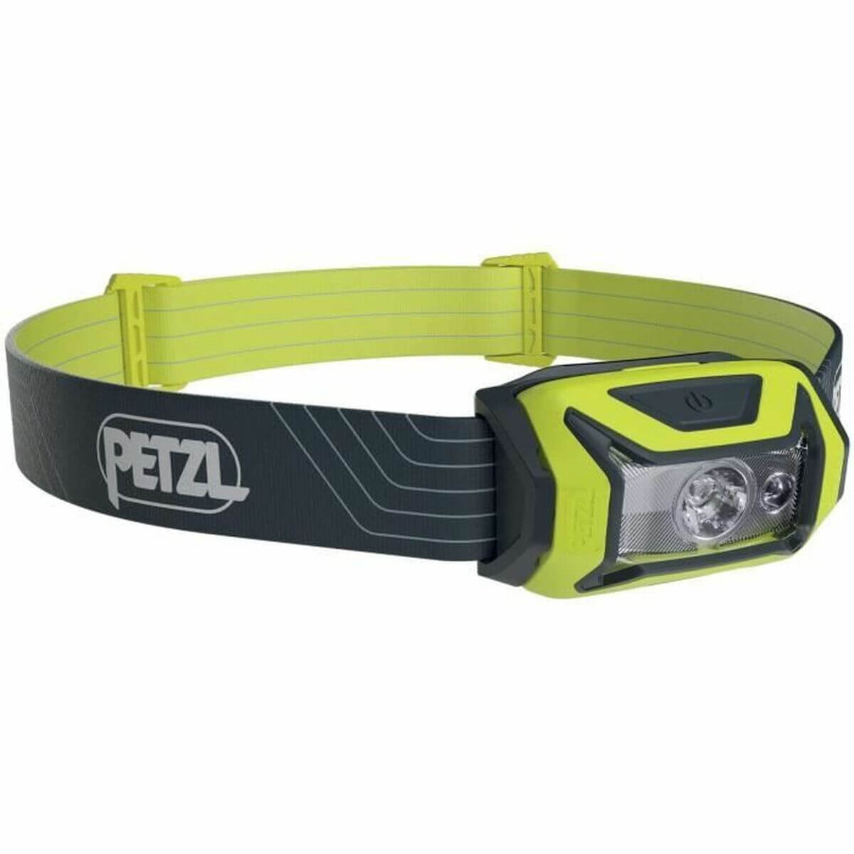 Petzl LED Head Torch in yellow, perfect for outdoor adventures and camping, featuring rechargeable batteries and button control.