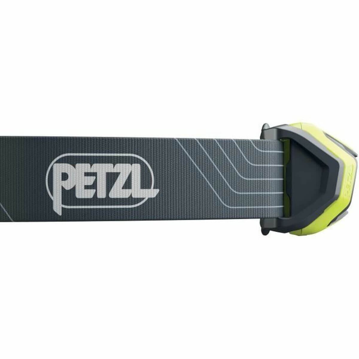 Petzl LED Head Torch in yellow, perfect for outdoor adventures and camping, featuring rechargeable batteries and button control.