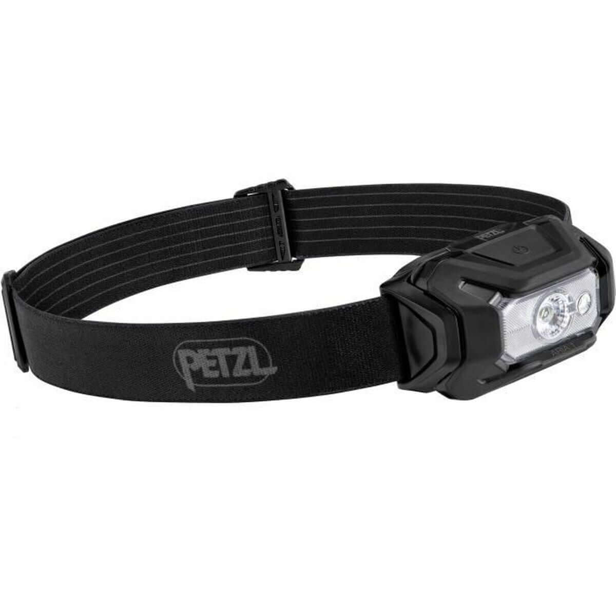 Petzl LED head torch in black, ideal for outdoor adventures and camping, featuring 450 lm brightness and a durable strap.