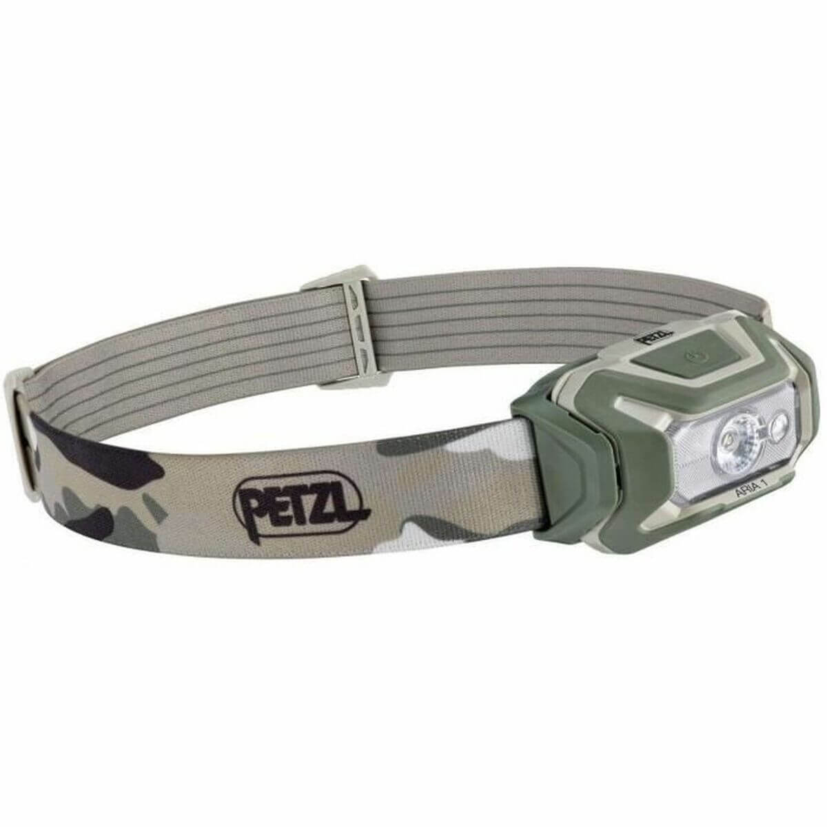 Petzl LED head torch E069BA01 in camouflage design, ideal for outdoor camping adventures.