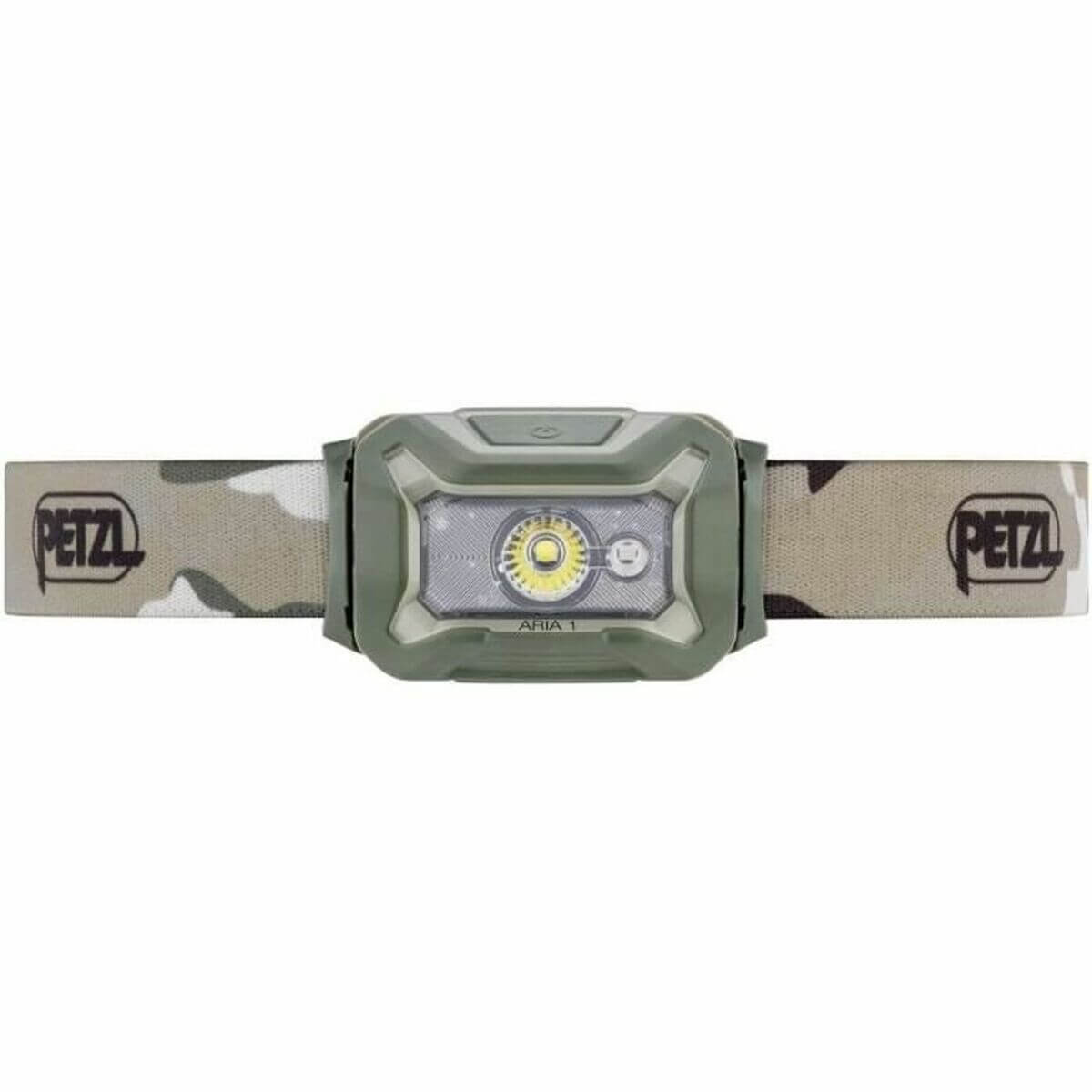 Petzl LED head torch E069BA01 in camouflage design, ideal for outdoor camping adventures.