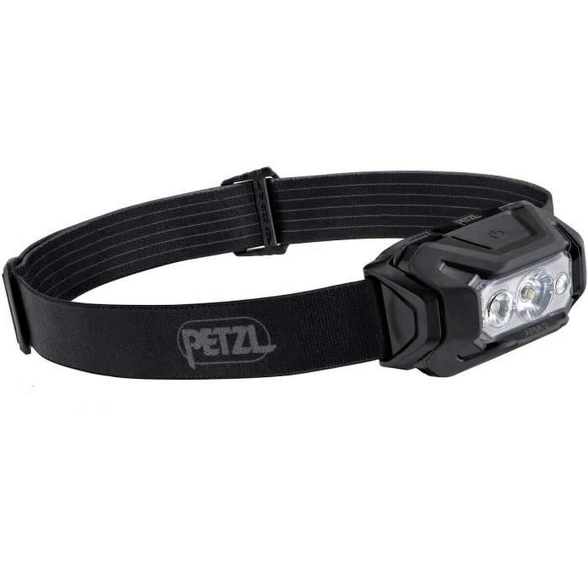 Petzl LED head torch in black, ideal for outdoor camping and adventure activities, featuring 450 lm brightness.