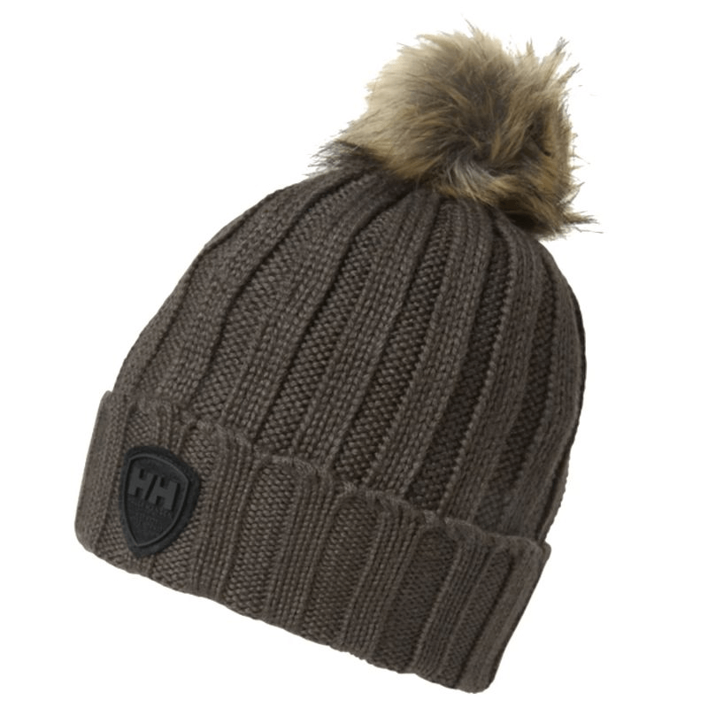 Helly Hansen Limelight Beanie W in brown with faux fur pompom, perfect for outdoor adventures and winter sports.