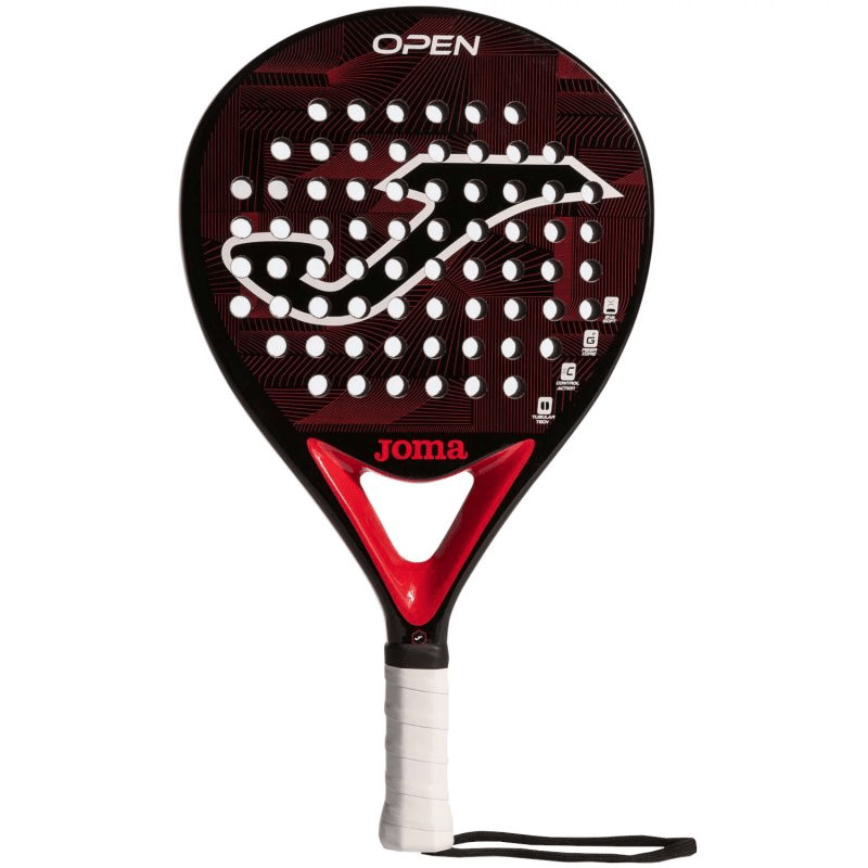 Joma Open Padel Racquet in black and red, designed for beginners seeking control and comfort in outdoor sports.