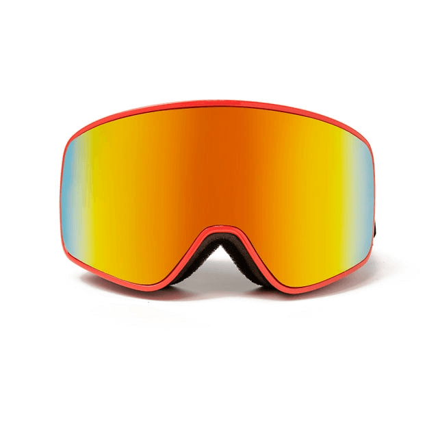 Red goggles with mirrored lens, ideal for outdoor sports and adventures in various weather conditions.