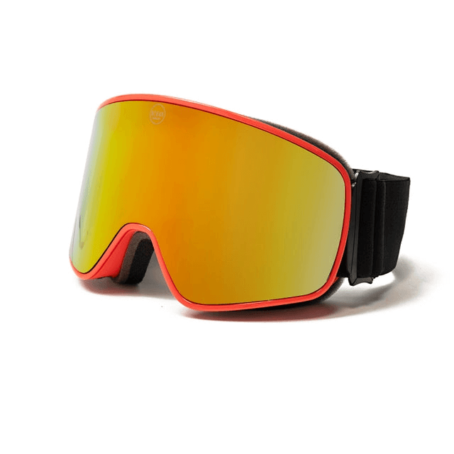 Red goggles with mirrored lens, ideal for outdoor sports and adventures in various weather conditions.