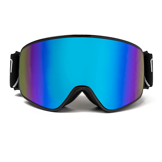 Stylish blue mirrored ski goggles with a black frame and adjustable strap for outdoor sports and adventure.