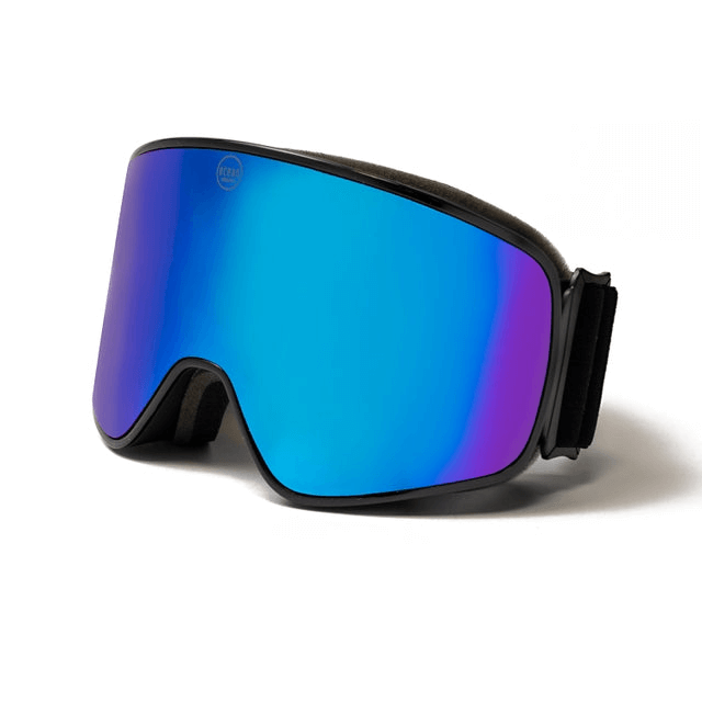 Stylish blue mirrored ski goggles with a black frame and adjustable strap for outdoor sports and adventure.