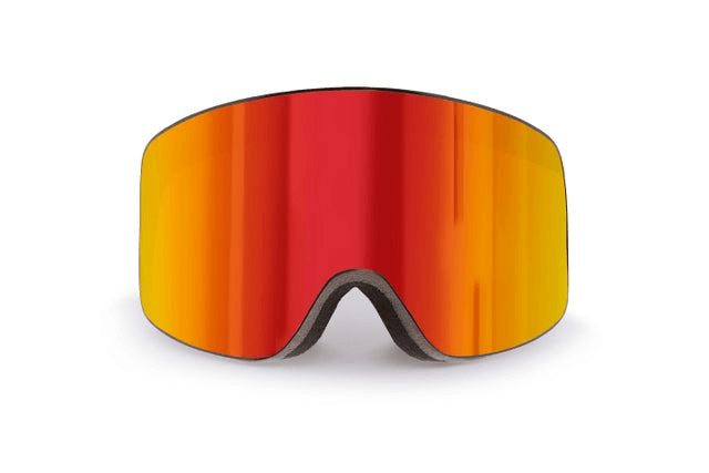 Full-frame ski goggles with red and yellow mirrored lens, perfect for outdoor sports and adventures.