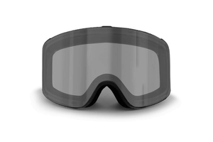 Front view of sleek black ski goggles with a large lens, ideal for outdoor sports and winter adventures.