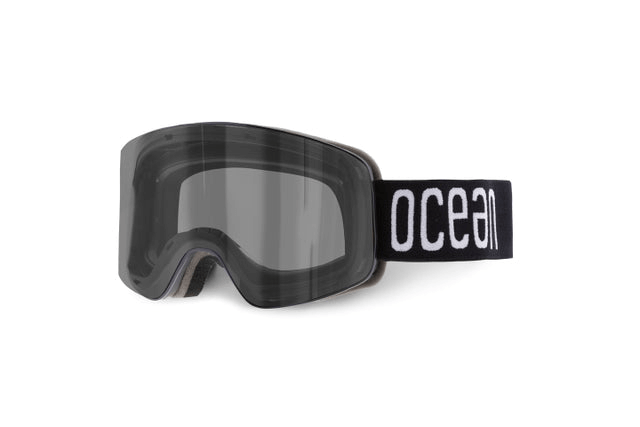 Front view of sleek black ski goggles with a large lens, ideal for outdoor sports and winter adventures.