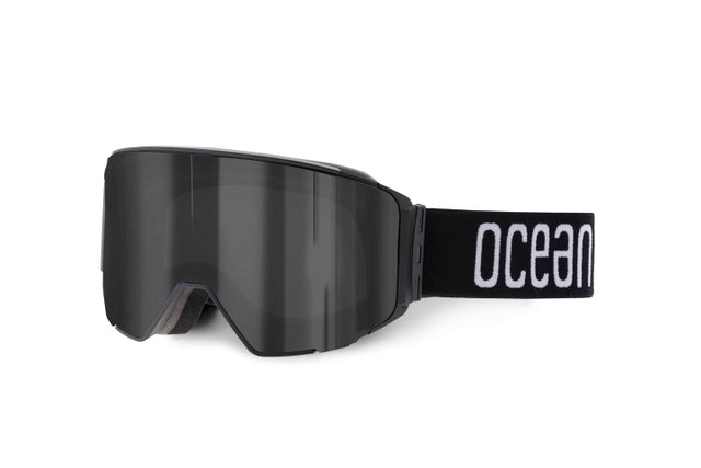 Black ski goggles with a tinted lens, designed for outdoor adventures and sports.