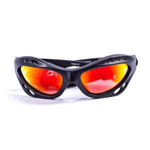 Sporty black sunglasses with red lenses, perfect for outdoor adventures and travel.