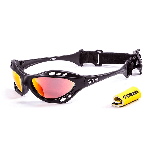 Sporty black sunglasses with red lenses, perfect for outdoor adventures and travel.