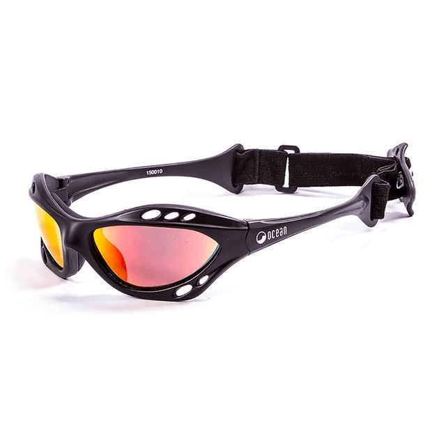 Ocean sunglasses with black frame and mirrored lenses, perfect for outdoor sports and adventures.