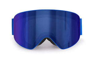 Full view of blue snow goggles with large lens, ideal for outdoor sports, adventures, and travel.