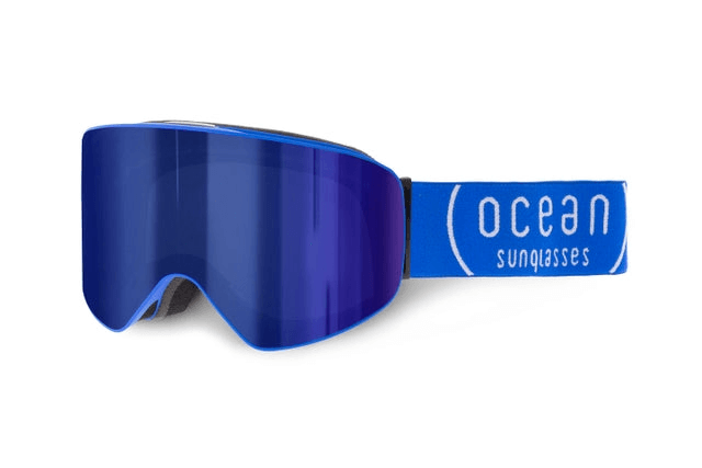 Full view of blue snow goggles with large lens, ideal for outdoor sports, adventures, and travel.