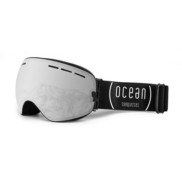 Stylish black ski goggles with reflective lens, perfect for outdoor sports and adventures in snowy landscapes.